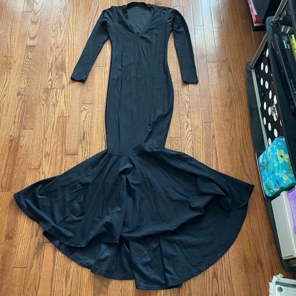 Black Long Sleeve Dress with High Low Flounce